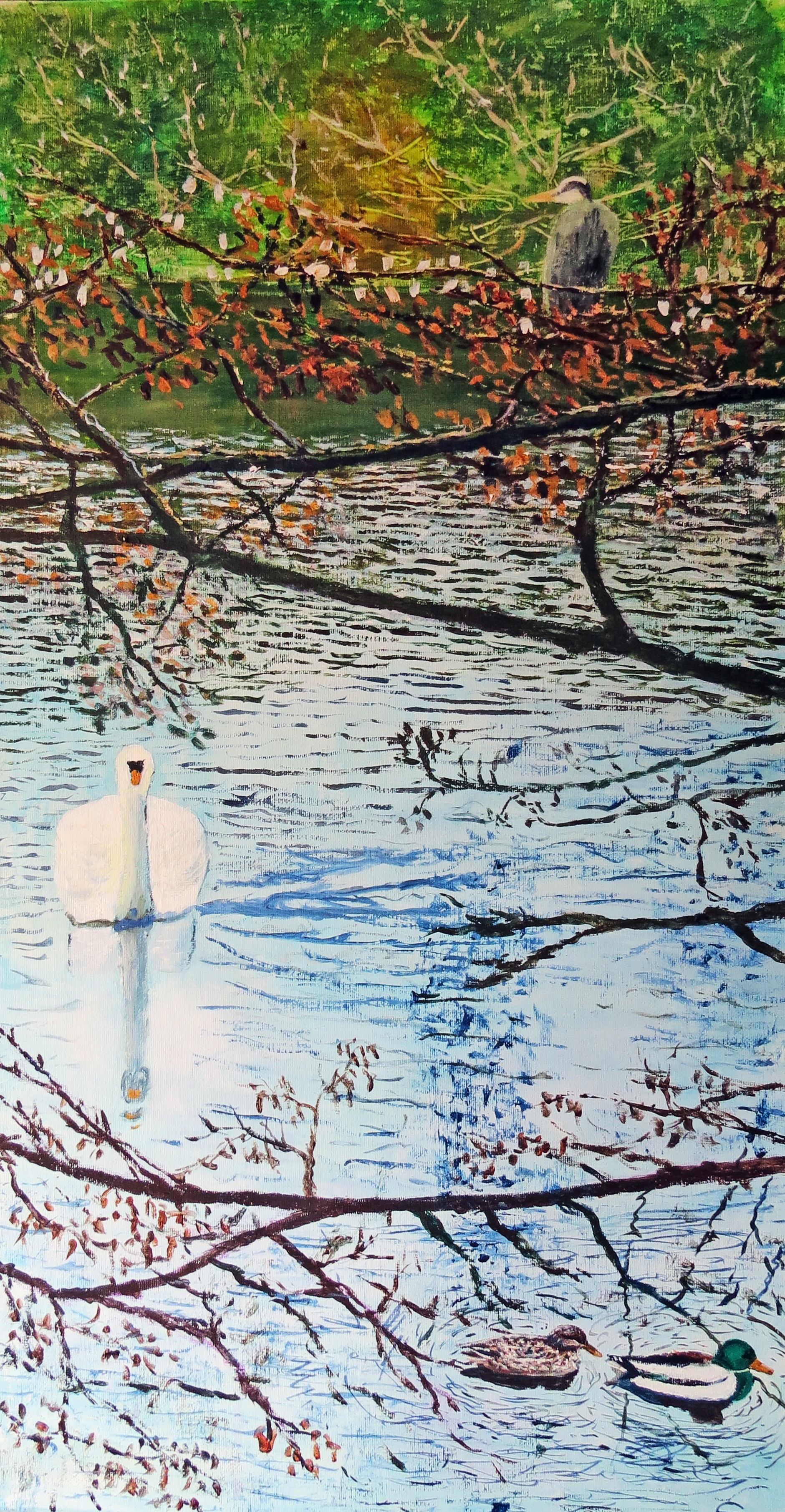 Charles Maher Wildlife on winter lake acrylics on canvas 80 x 40 cm